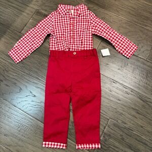 NWT First Impressions Outfit‎ Set Gingham Shirt Red Pants 18 Months
